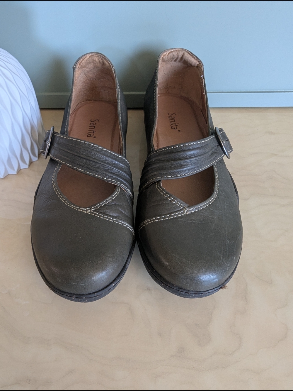 Sanita Olive Green Mary Jane Loafers with Buckle Strap